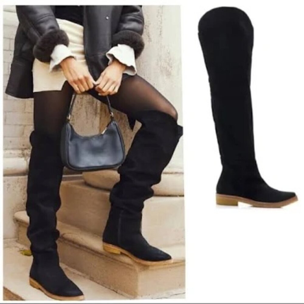 NWT Free People Banks Over The Knee Boots Black Suede Size 36.5 | Made in Spain